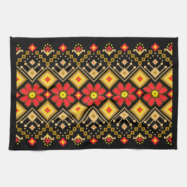 Ukrainian traditional vushuvanka folk pattern red kitchen towel (Horizontal)