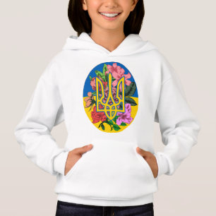 Ukrainian trident and flag of Ukraine with flowers