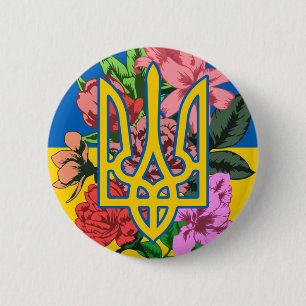 Ukrainian trident and flag of Ukraine with flowers 2 Inch Round Button