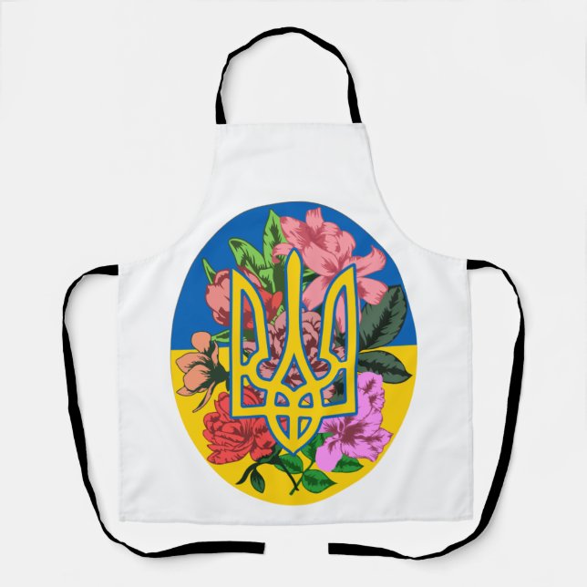 Ukrainian trident and flag of Ukraine with flowers Apron (Front)