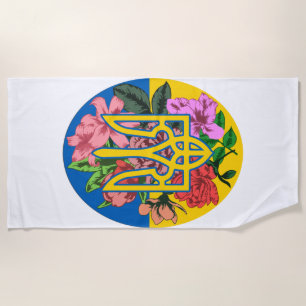 Ukrainian trident and flag of Ukraine with flowers Beach Towel