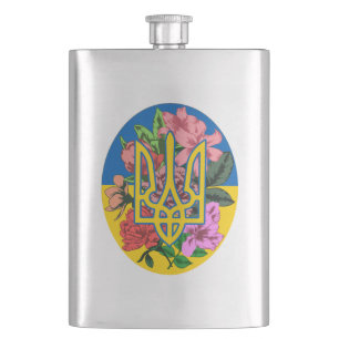 Ukrainian trident and flag of Ukraine with flowers Hip Flask