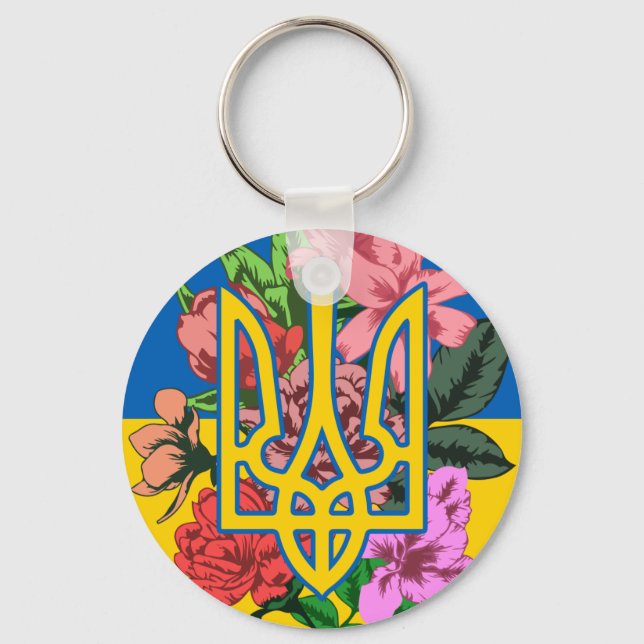 Ukrainian trident and flag of Ukraine with flowers Keychain (Front)