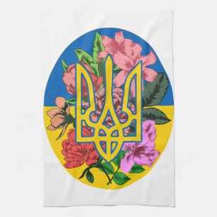 Ukrainian trident and flag of Ukraine with flowers Kitchen Towel