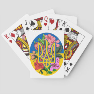 Ukrainian trident and flag of Ukraine with flowers Playing Cards
