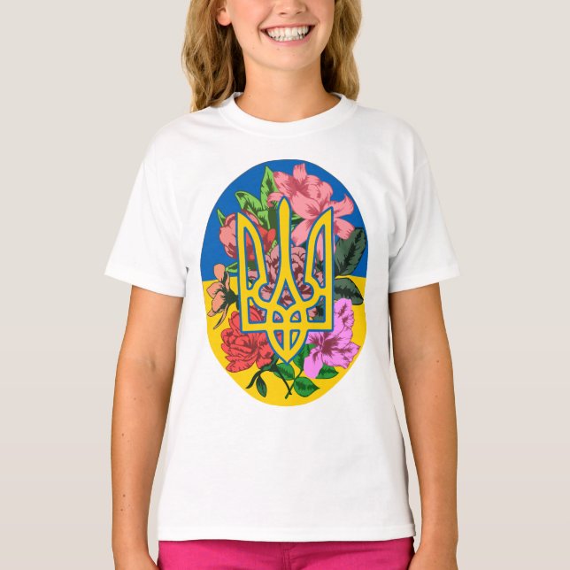 Ukrainian trident and flag of Ukraine with flowers T-Shirt (Front)