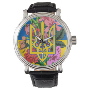 Ukrainian trident and flag of Ukraine with flowers Watch