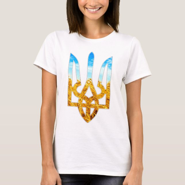 Ukrainian tryzub background of wheat and blue sky T-Shirt (Front)