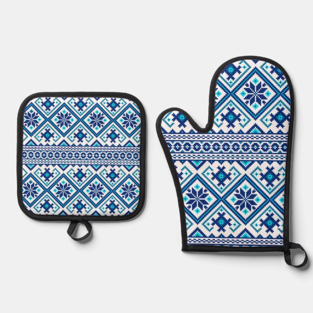 Ukrainian vushuvanka traditional folk art pattern  oven mitt & pot holder set (Front)