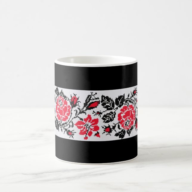 Ukrainian Vyshyvanka Embroidery Red Roses Mug (Center)