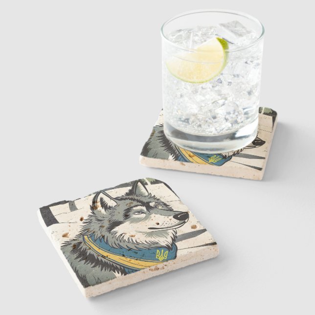 Ukrainian Wolf Symbol, Strong, Proud Ukraine Art  Stone Coaster (Side)