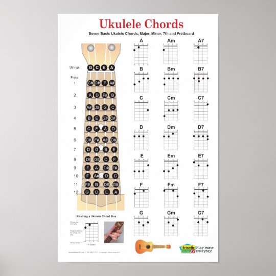 ukulele chords finger chart and fretboard poster zazzleca