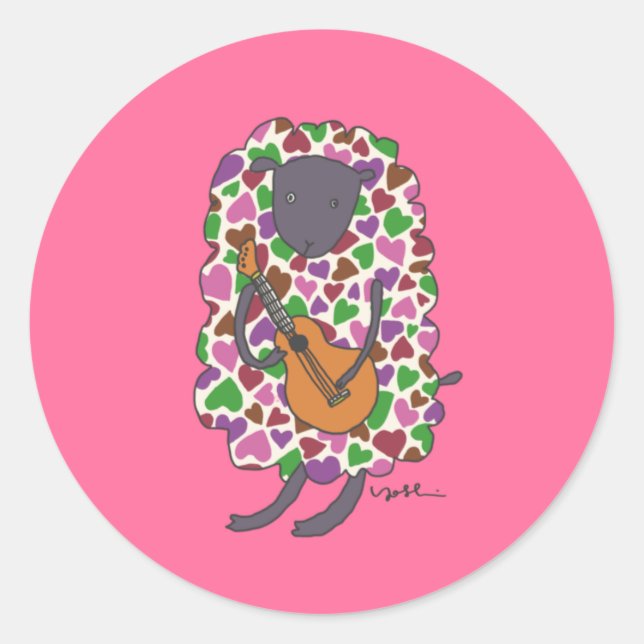 Ukulele, heart, sheep classic round sticker (Front)
