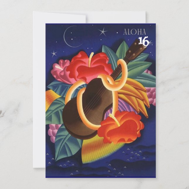 UKULELE HIBISCUS ALOHA SWEET 16 PARTY INVITATION (Front)