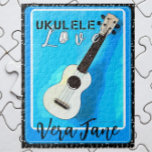 Ukulele Love Shades of Blue with Name Jigsaw Puzzle<br><div class="desc">A ukulele is framed within wonderful shades of blue. Periwinkle, aqua, and turquoise are part of the colour scheme. Over the instrument are the words: UKULELE Love. Below the artwork, there is a template for your name or other wording of your choosing. Remove the default text and leave the template...</div>