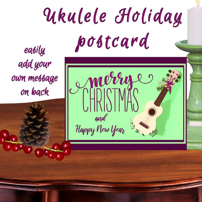 Ukulele Merry Christmas and Happy New Year Postcard (Creator Uploaded)
