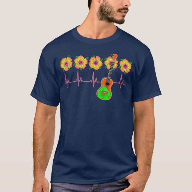Ukulele Musician EKG Heartbeat Line T-Shirt (Front)