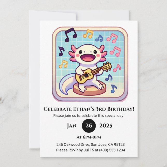 Ukulele Performer Axolotl Birthday Invitation (Front)