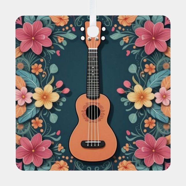 Ukulele Tropical Flowers Musical Instrument Custom Metal Ornament (Front)