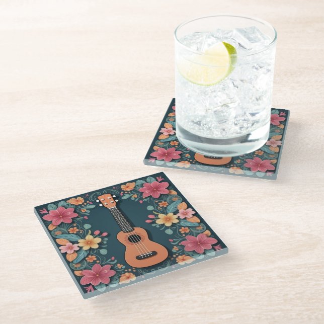 Ukulele Tropical Flowers Musical Instrument Pretty Glass Coaster (Angled)