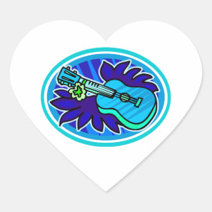 Ukulele with leaves and flowers circle, blue heart sticker