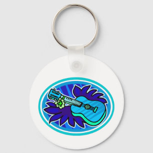 Ukulele with leaves and flowers circle, blue keychain