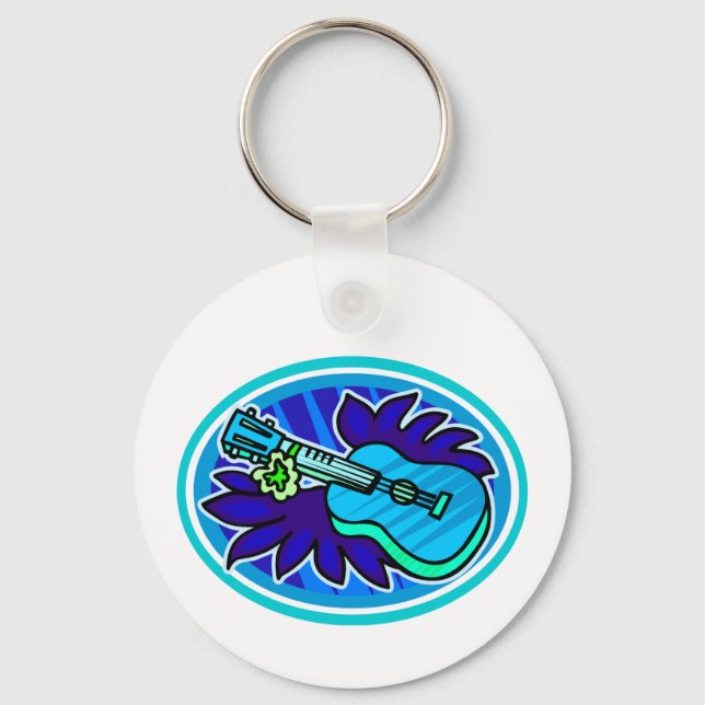 Ukulele with leaves and flowers circle, blue keychain (Front)