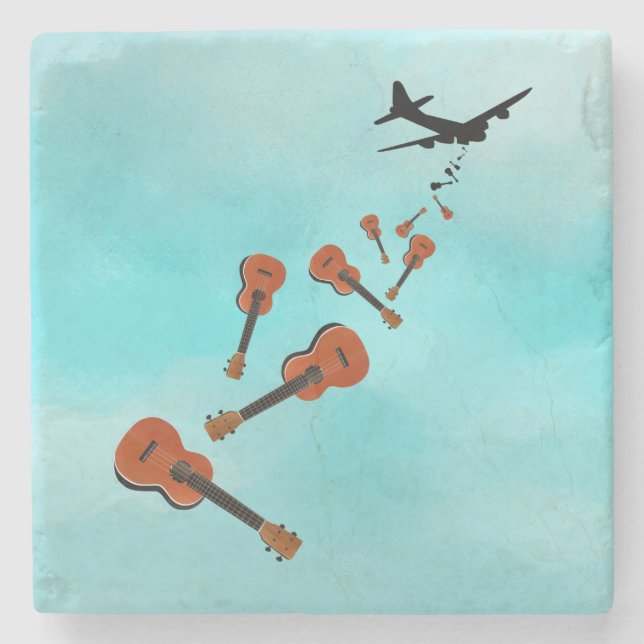 Ukuleles dropping from and airplane stone coaster (Front)