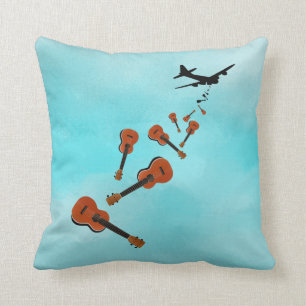Ukuleles dropping from and airplane throw pillow