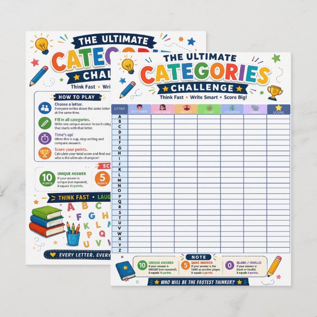 Ultimate Categories Challenge Printable Game Card (Front/Back)