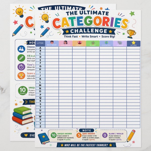 Ultimate Categories Challenge Printable Game Letterhead (Front/Back)