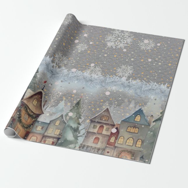 Ultimate Christmas Village Snow Steel Grey Wrapping Paper (Unrolled)
