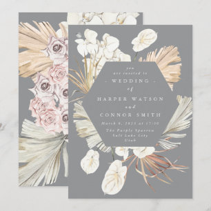 Ultimate Pampas Grass Floral Tropical Grey Wedding Invitation