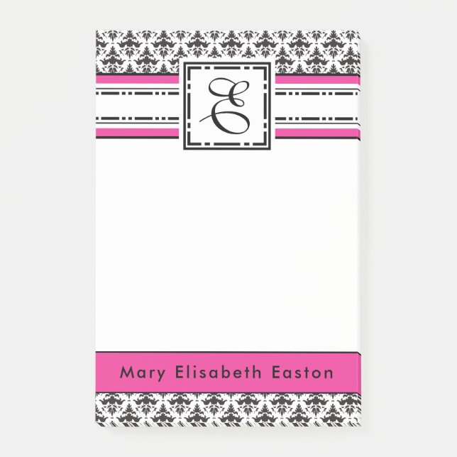 Ultra Chic Hot Pink Black and White Damask Custom Post-it Notes (Front)