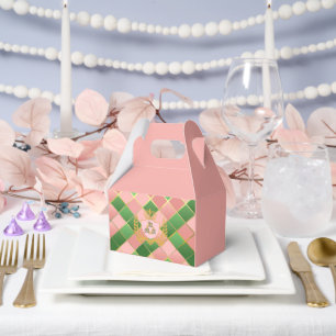 Ultra Chic Preppy Pink Green Argyle Monogram Crest Favor Box