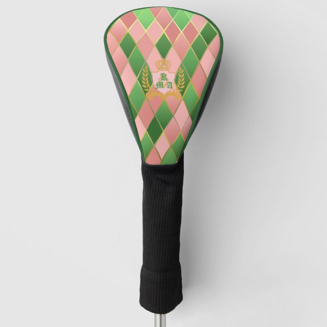 Ultra Chic Preppy Pink Green Argyle Monogram Crest Golf Head Cover (Front)