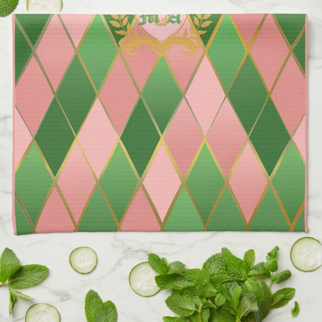 Ultra Chic Preppy Pink Green Argyle Monogram Crest Kitchen Towel (Folded)