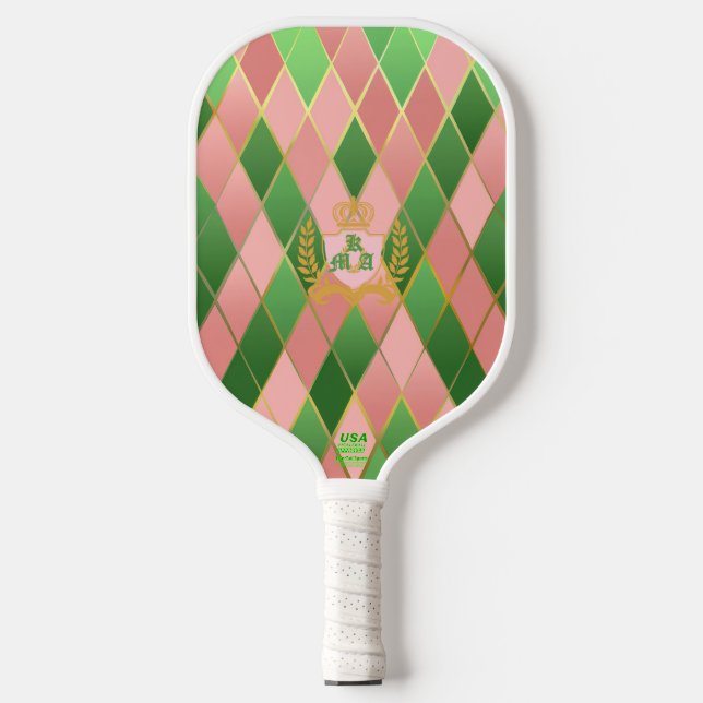 Ultra Chic Preppy Pink Green Argyle Monogram Crest Pickleball Paddle (Front)