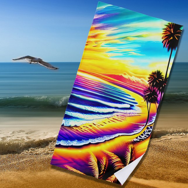 Ultra-Colourful Beach Sunset Waves & Palm Trees Towel (Creator Uploaded)