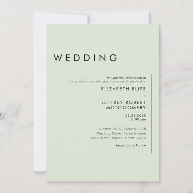 Ultra Contemporary Sage Wedding  Invitation (Front)