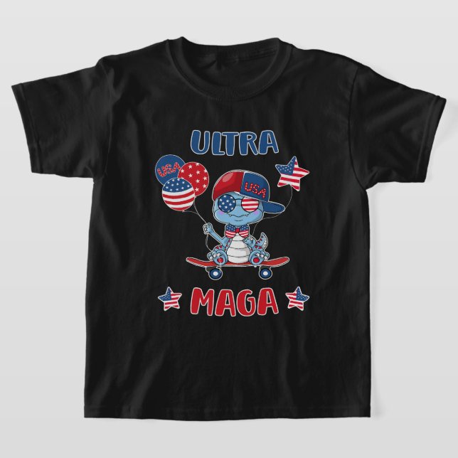Ultra Maga 4th of July Kids Dinosaur With Sunglass T-Shirt (Laydown)
