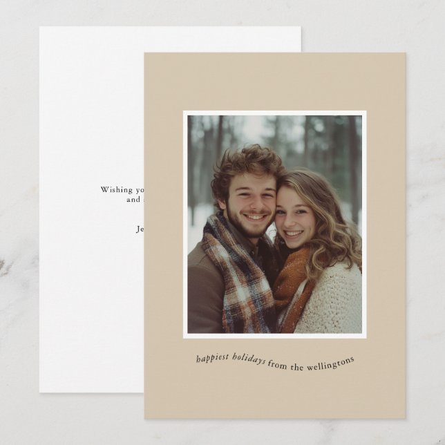 Ultra Minimal Neutral Photo Frame Wavy Text Holiday Card (Front/Back)