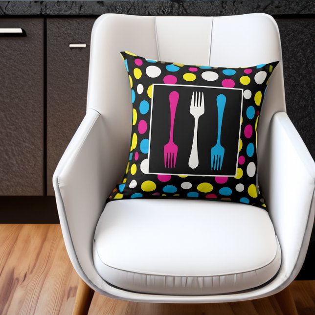 Ultra Mod Pop Art Forks and Polka Dots Throw Pillow (Creator Uploaded)