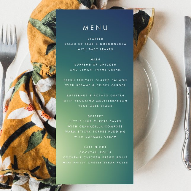 Ultra Modern Gradient Green Blue Ombre Wedding Menu (Creator Uploaded)