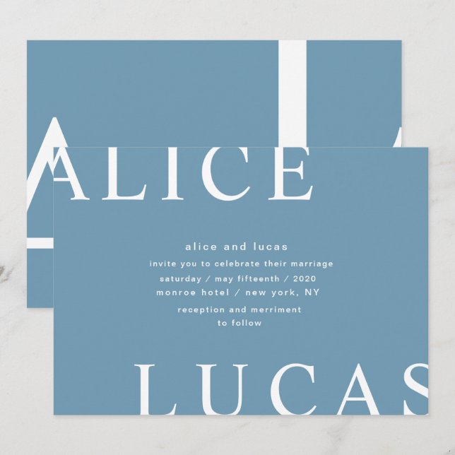 Ultra Modern Layout Monogram Blue Wedding Invitation (Front/Back)