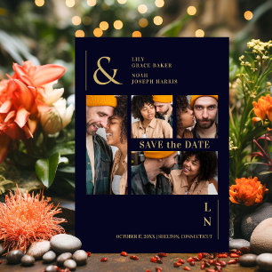 Ultra Modern Trendy Navy & Gold 4 Multi Photos Save The Date