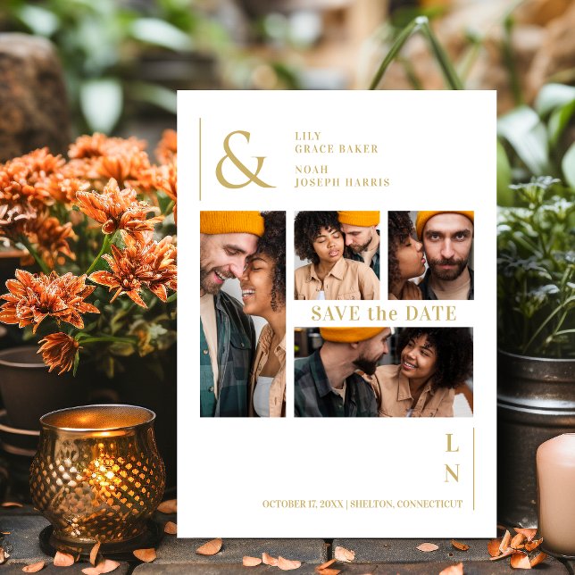 Ultra Modern Trendy White & Gold 4 Multi Photos Save The Date (Ultra Modern Trendy White & Fake Gold 4 Multi Photos Collage Save the Date Card with Envelope.)
