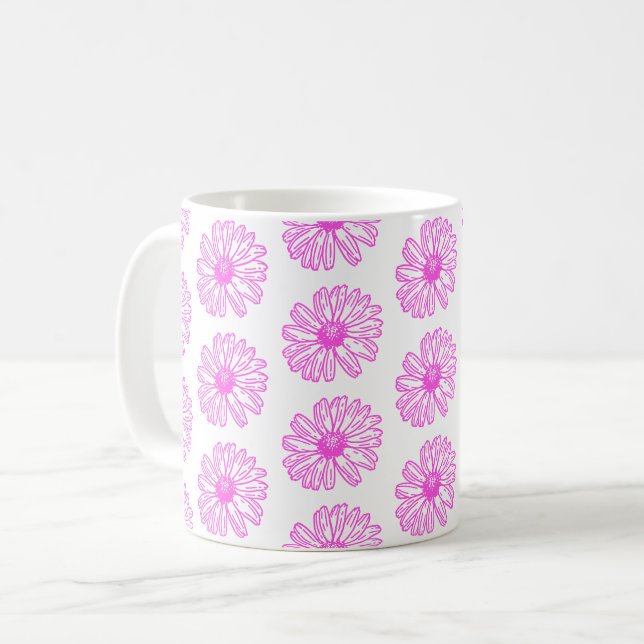Ultra Pink Daisy Flower Print, Hippie Floral Coffee Mug (Front Left)