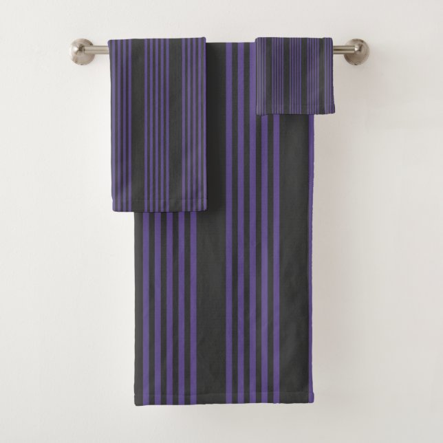 Ultra violet and charcoal five stripe pattern bath towel set (Insitu)