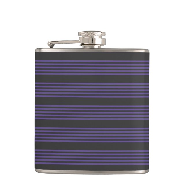 Ultra violet and charcoal five stripe pattern hip flask (Front)